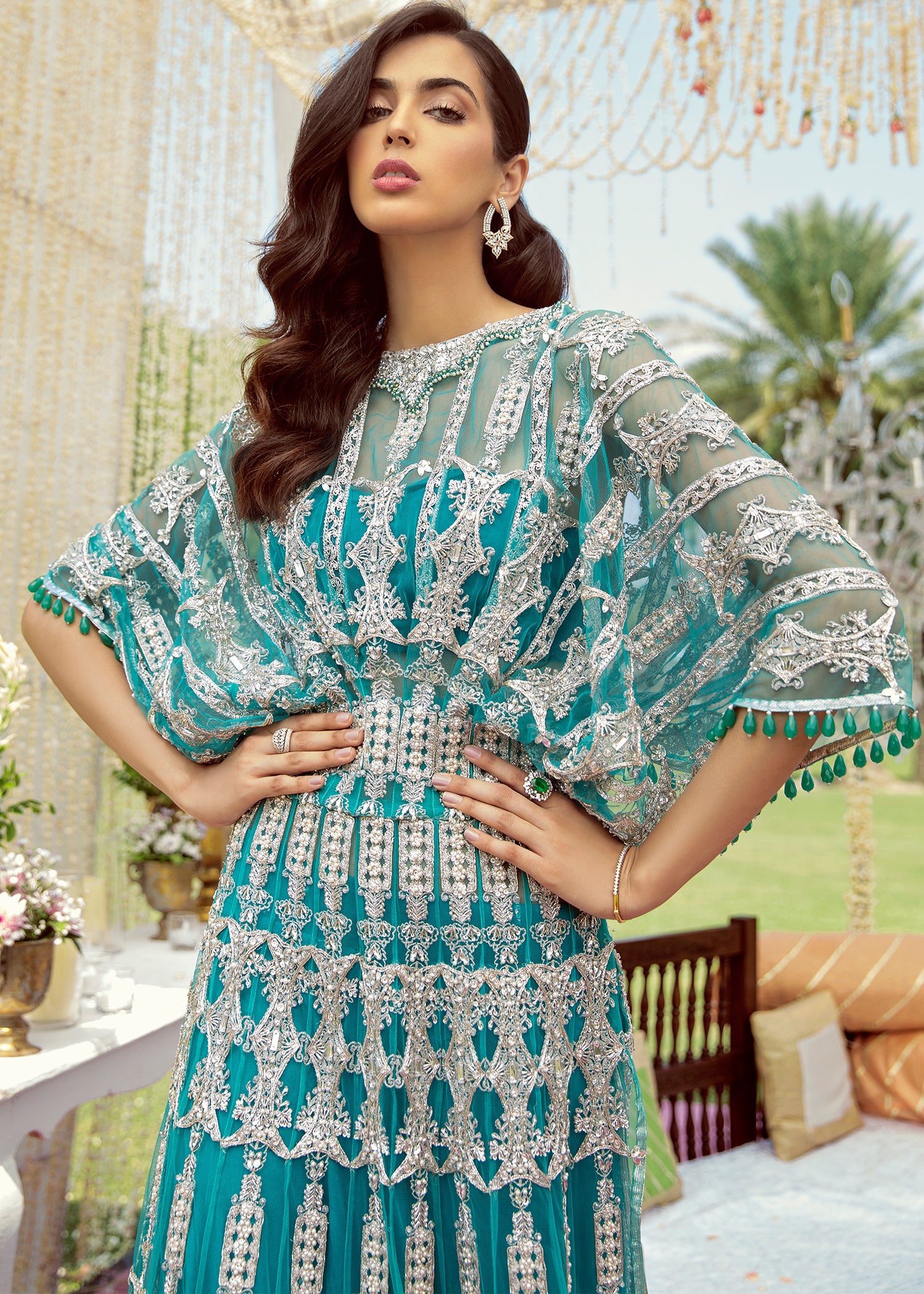 Turquoise Embellished Net Kaftan Dress (2-Piece) - Image 4