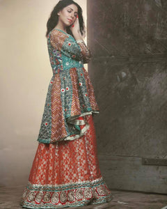 Turquoise Embroidered Organza Peplum with Brocade Silk Lehenga (3-Piece) - Image 1