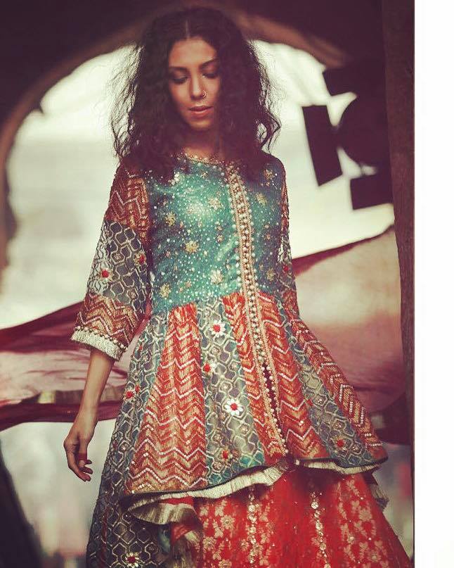 Turquoise Embroidered Organza Peplum with Brocade Silk Lehenga (3-Piece) - Image 2