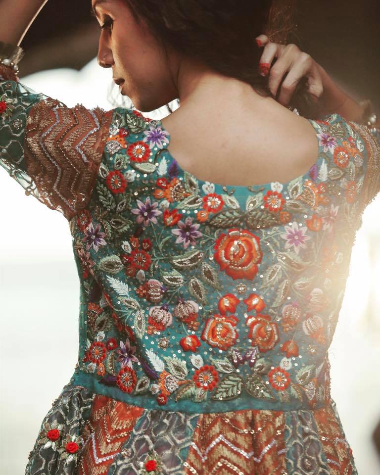 Turquoise Embroidered Organza Peplum with Brocade Silk Lehenga (3-Piece) - Image 4