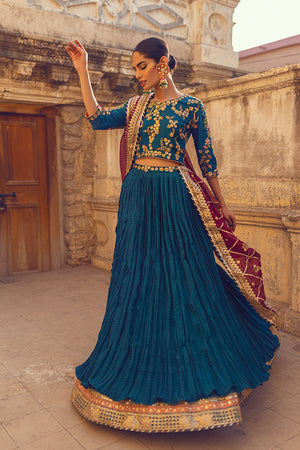 Turquoise Gota & 3D Embroidered Lehenga (3-Piece) - Image 2