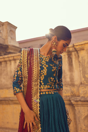 Turquoise Gota & 3D Embroidered Lehenga (3-Piece) - Image 3