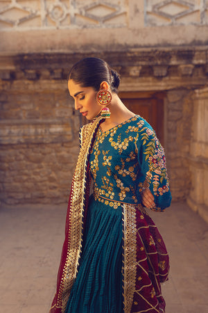 Turquoise Gota & 3D Embroidered Lehenga (3-Piece) - Image 4