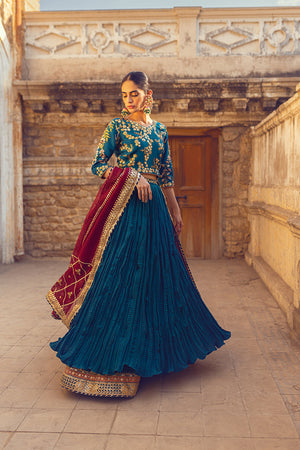 Turquoise Gota & 3D Embroidered Lehenga (3-Piece) - Image 6