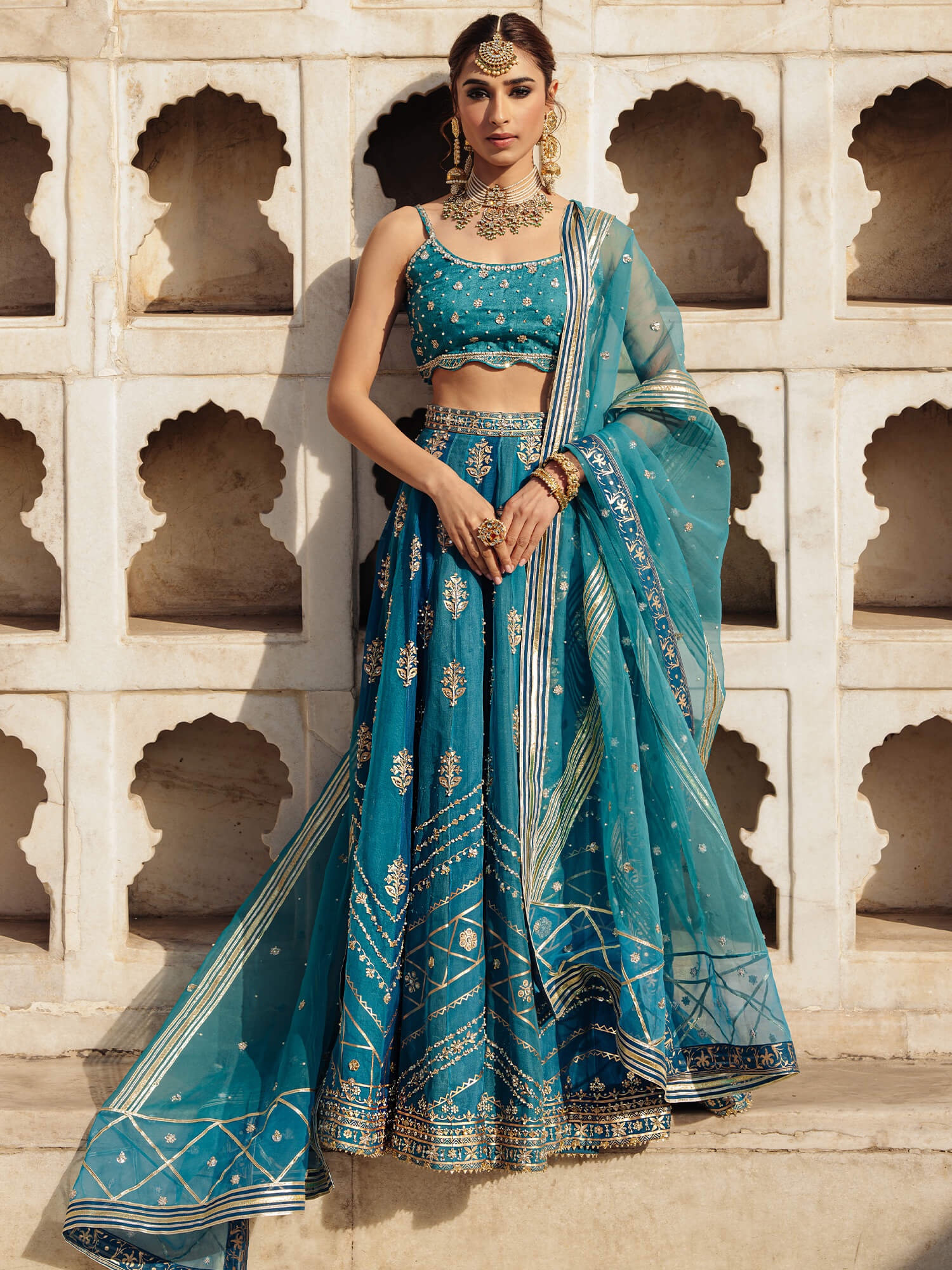 Pakistani Turquoise Zardozi Jamawar Lehenga Choli (3-Piece) - Image 1
