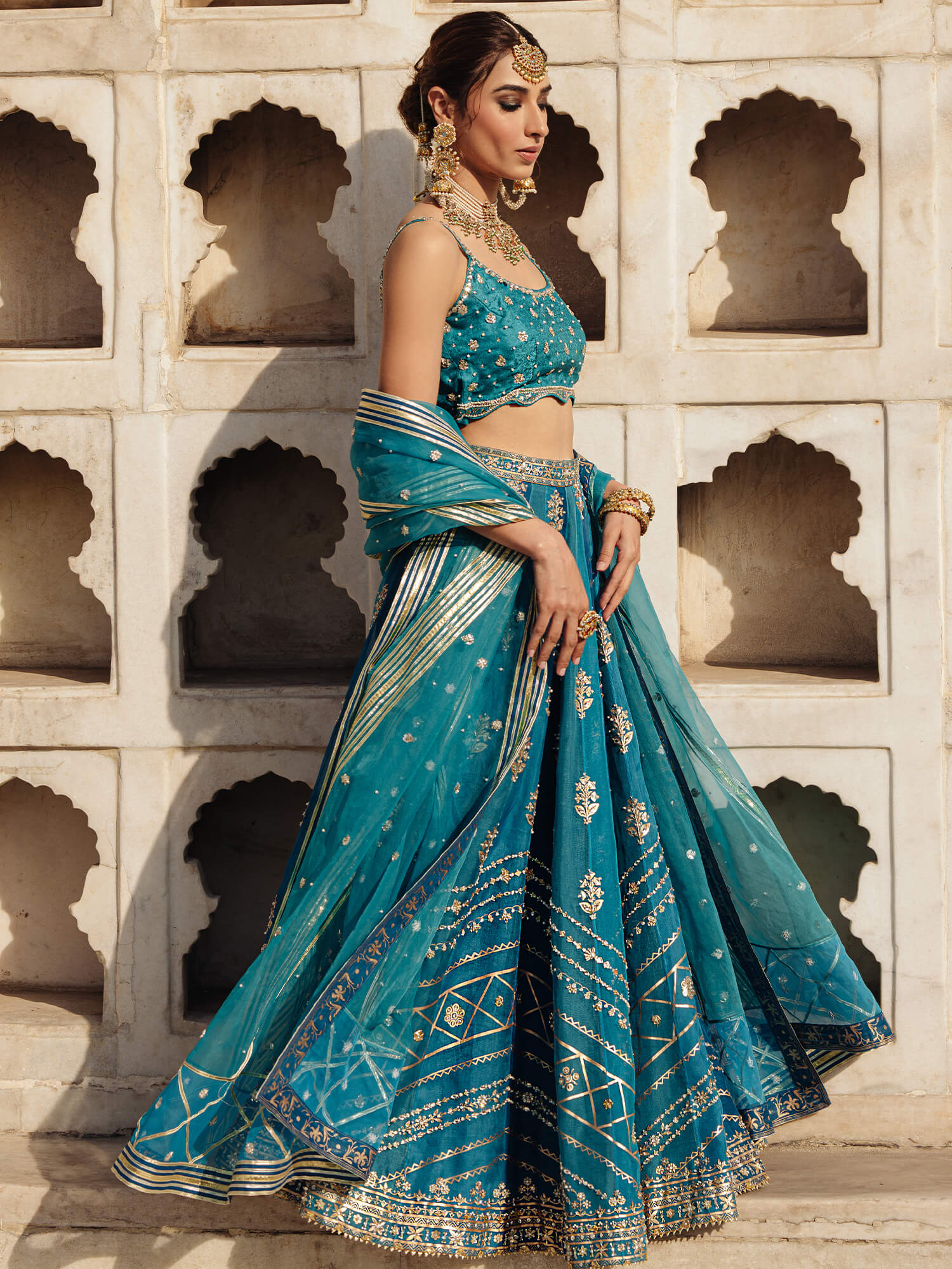 Pakistani Turquoise Zardozi Jamawar Lehenga Choli (3-Piece) - Image 2