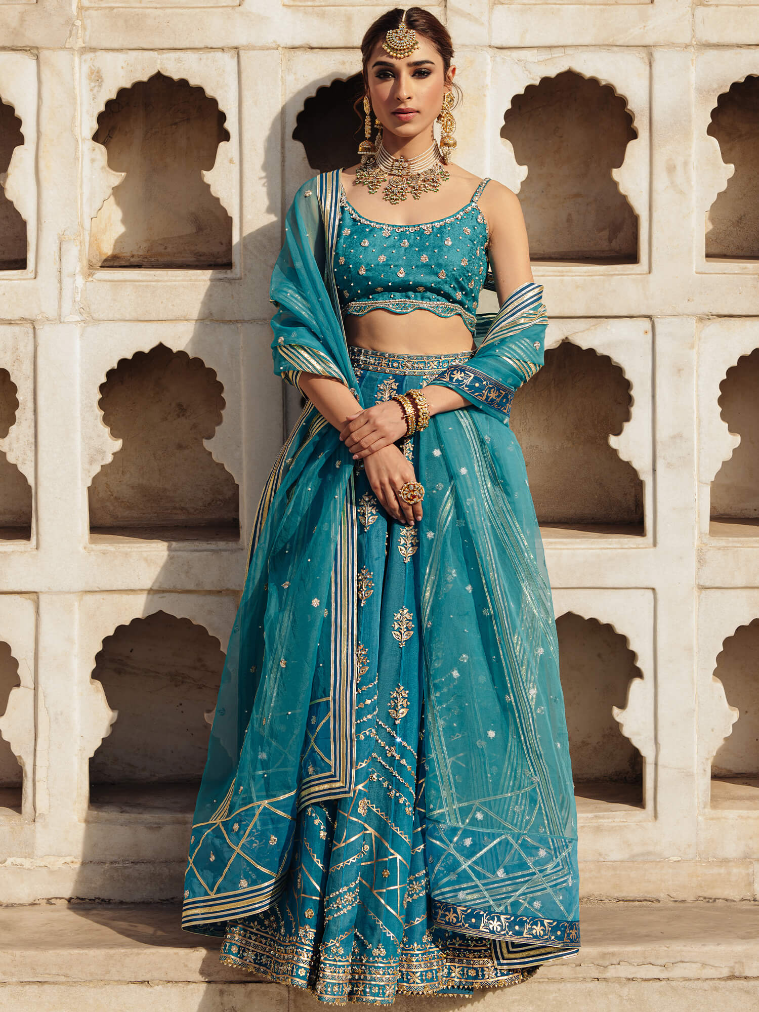 Pakistani Turquoise Zardozi Jamawar Lehenga Choli (3-Piece) - Image 3