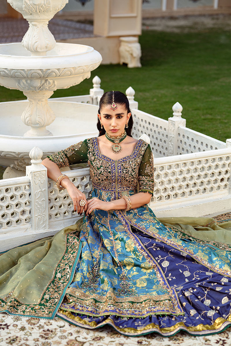 Turquoise Green Hand-Worked Jamawar Pishwas (3-Piece) - Image 1