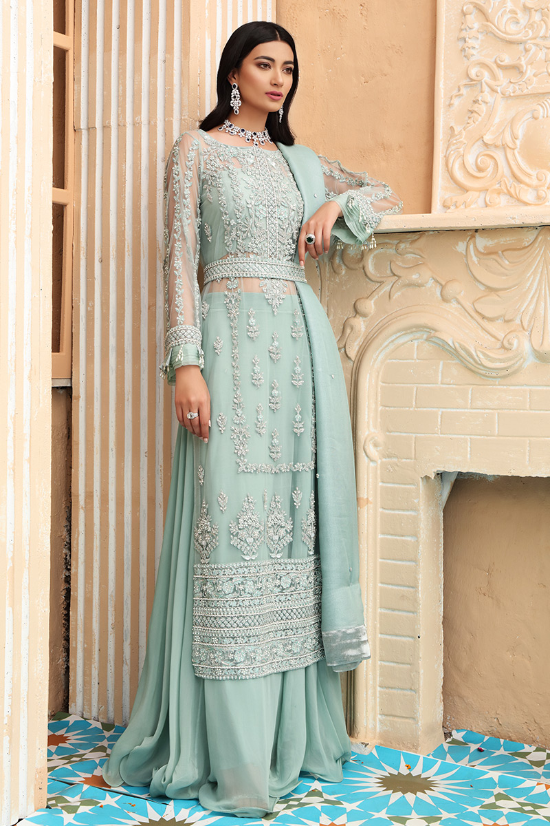 Light Turquoise Pearl & Beckti Net Lehenga (3-Piece) - Image 1