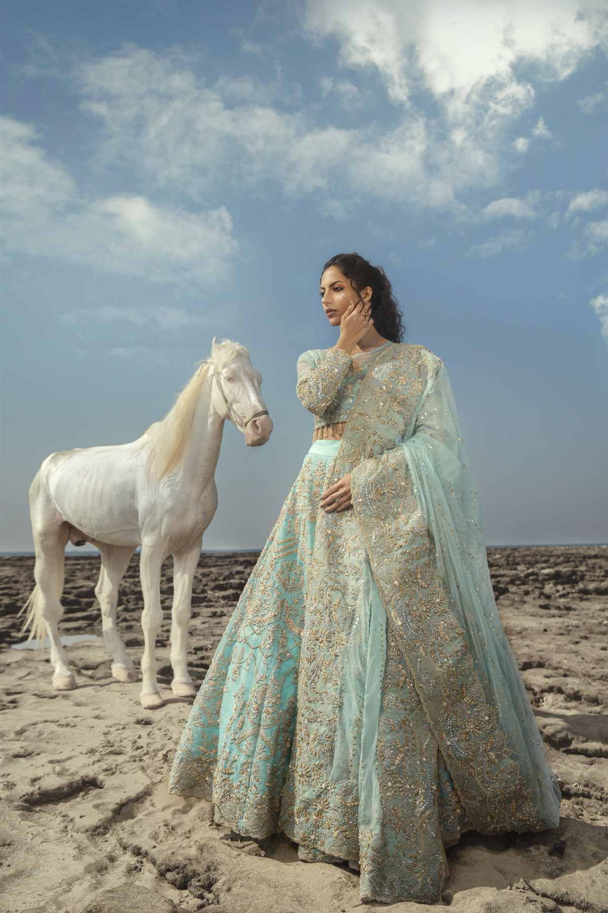 Pakistani Pastel Ferozi Embroidered Organza Lehenga (3-Piece) - Image 1
