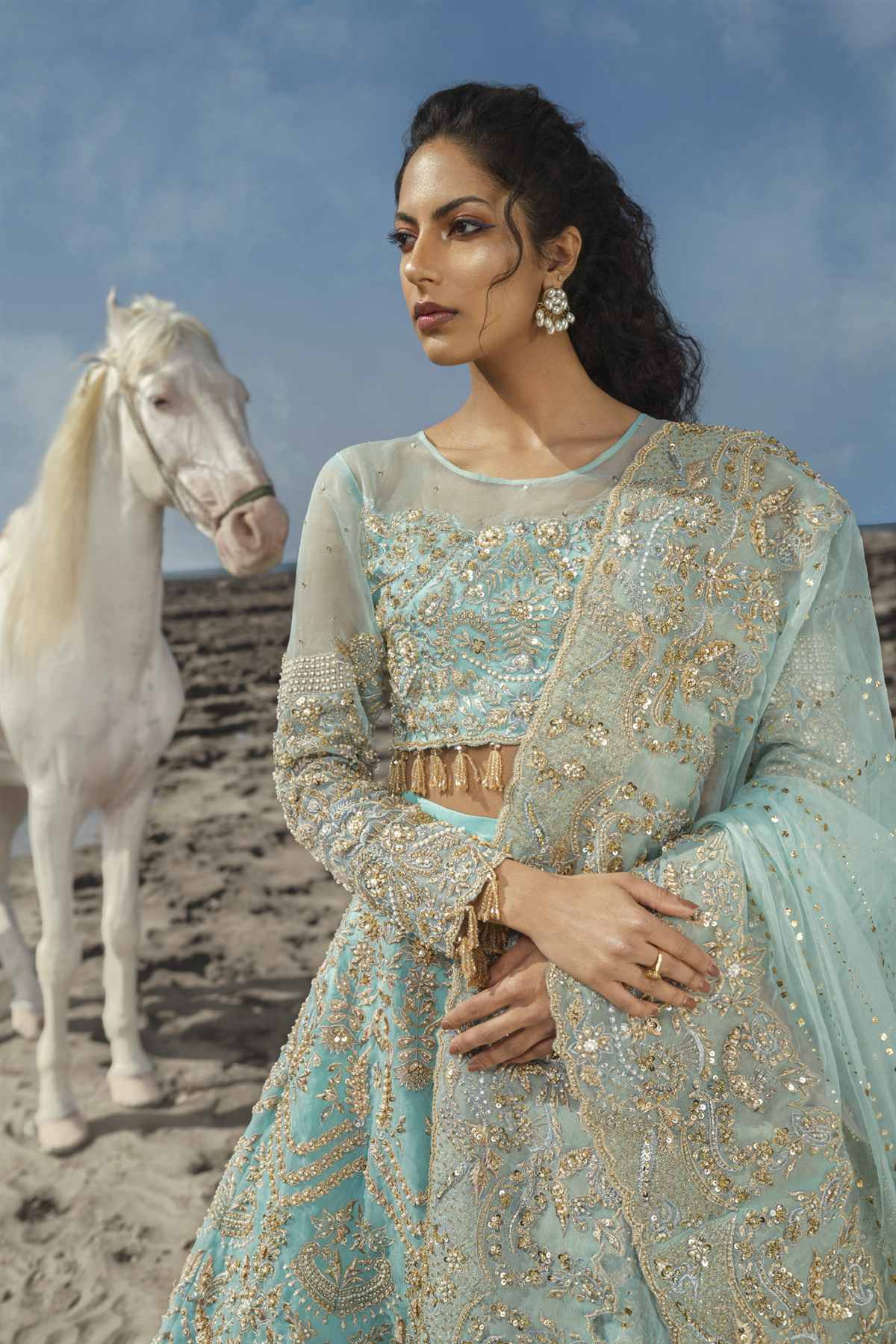 Pakistani Pastel Ferozi Embroidered Organza Lehenga (3-Piece) - Image 2