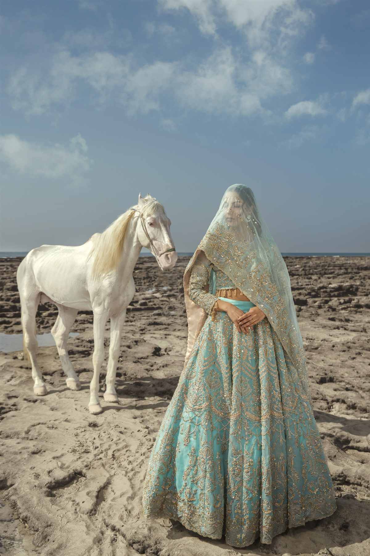 Pakistani Pastel Ferozi Embroidered Organza Lehenga (3-Piece) - Image 3