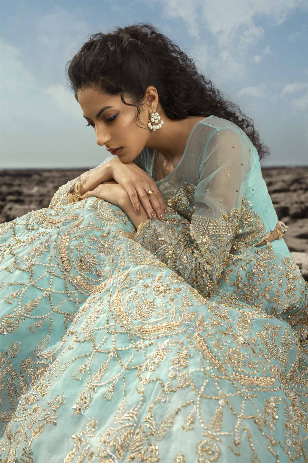 Pakistani Pastel Ferozi Embroidered Organza Lehenga (3-Piece) - Image 4