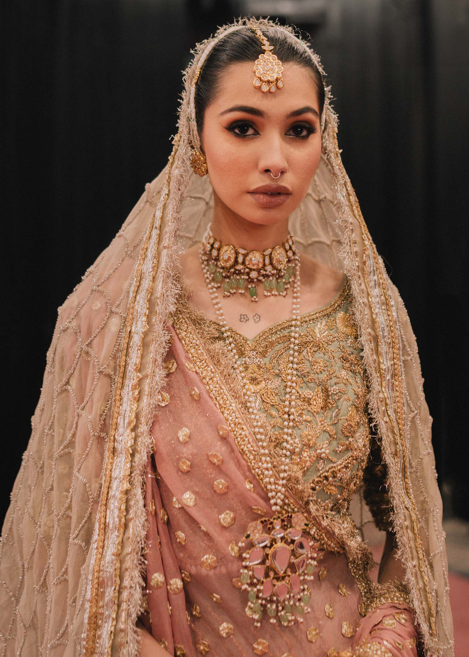 Pakistani Turquoise Gota & Block Print Raw Silk Lehenga Choli (3-Piece) - Image 3