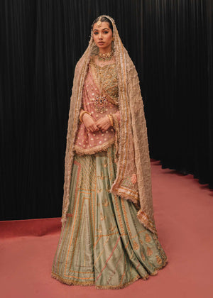 Pakistani Turquoise Gota & Block Print Raw Silk Lehenga Choli (3-Piece) - Image 4