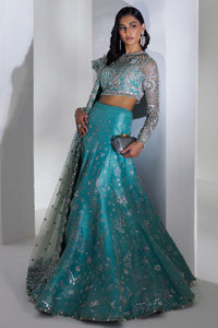Pakistani Turquoise Swarovski Embellished Net & Raw Silk Lehenga (3-Piece) - Image 1
