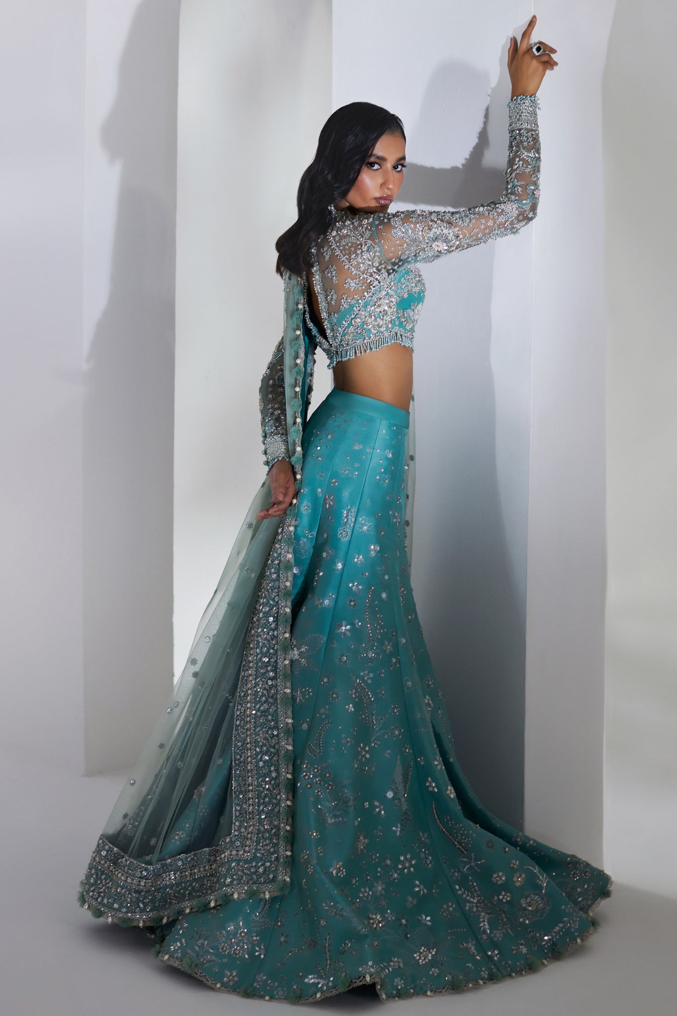Pakistani Turquoise Swarovski Embellished Net & Raw Silk Lehenga (3-Piece) - Image 5