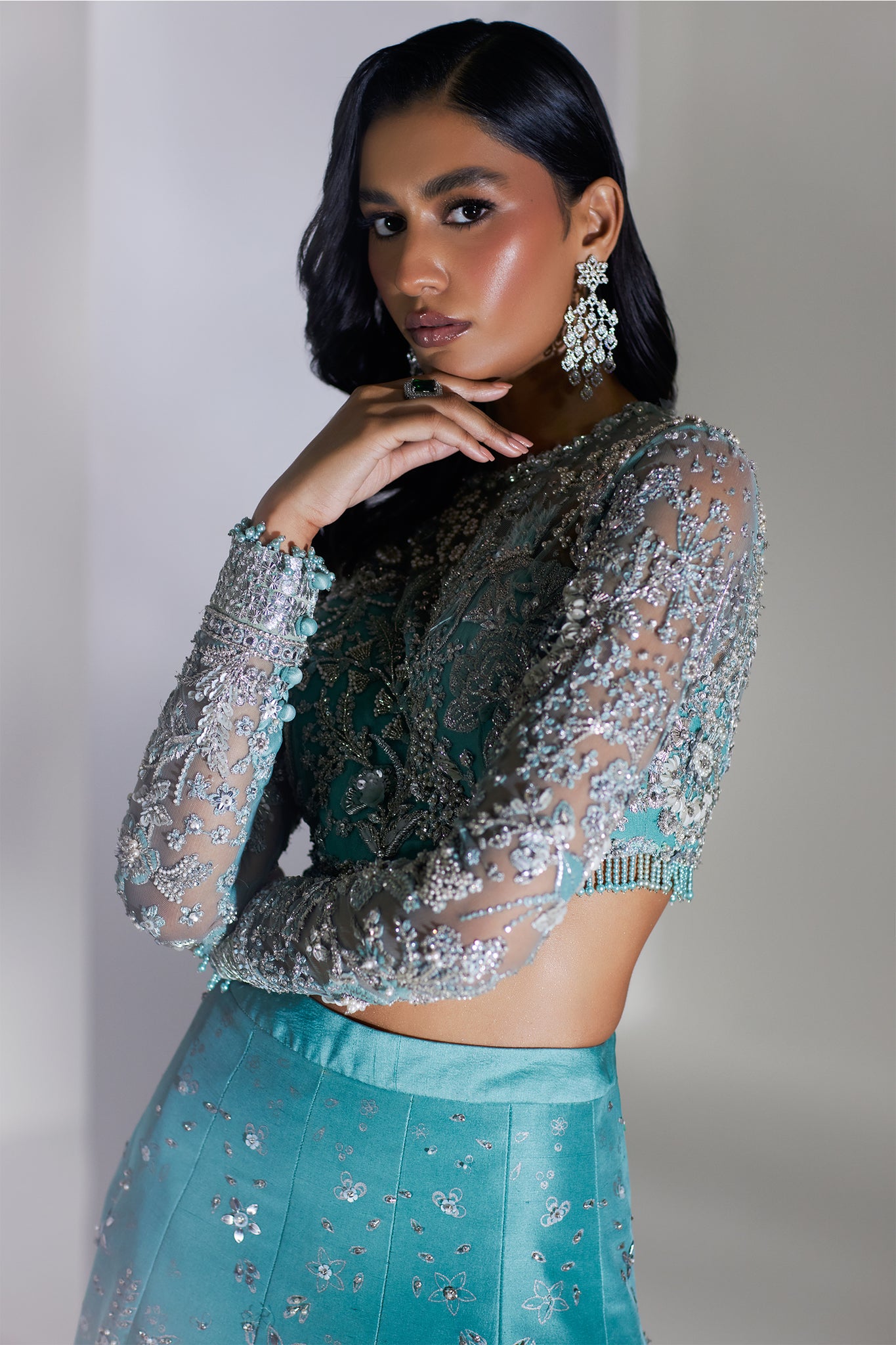 Pakistani Turquoise Swarovski Embellished Net & Raw Silk Lehenga (3-Piece) - Image 6