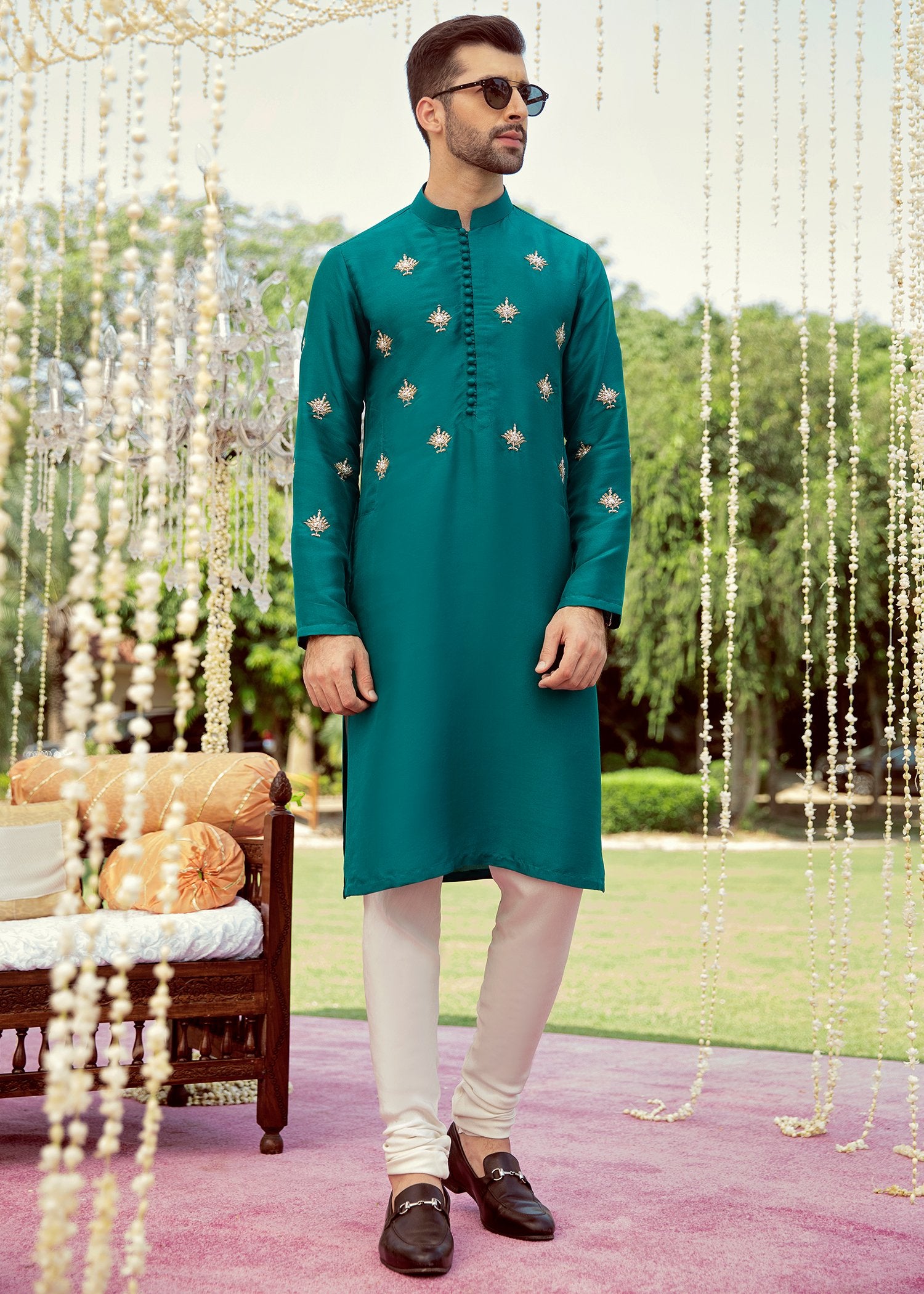 Turquoise Hand-Embellished Korean Rawsilk Kurta (2-Piece) - Image 1