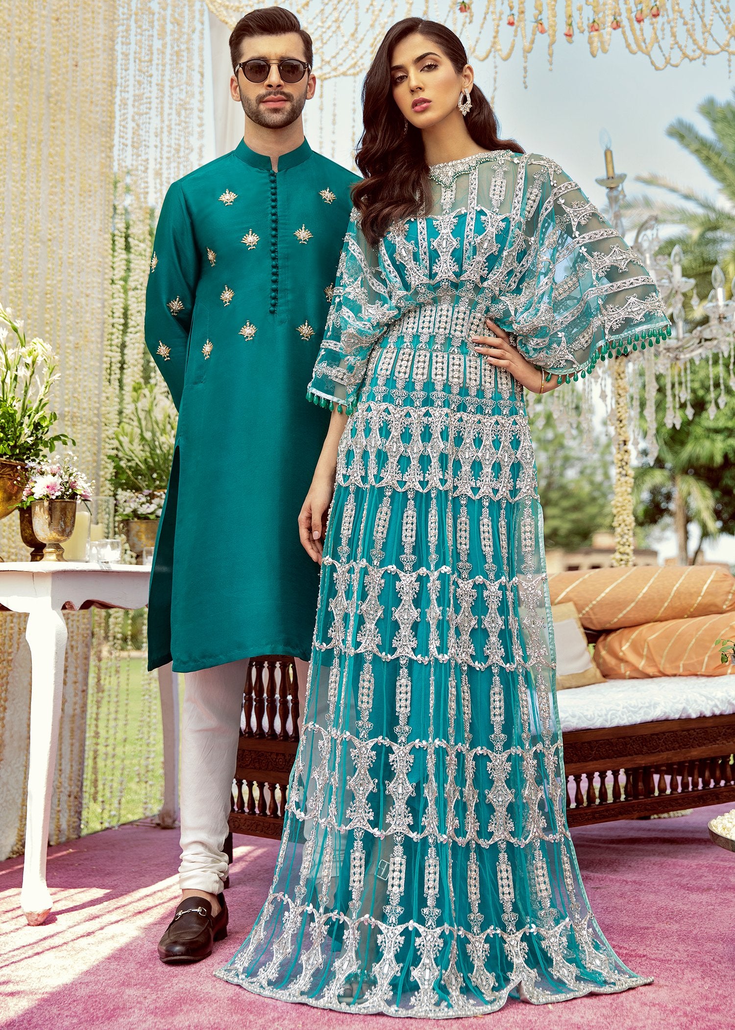 Turquoise Hand-Embellished Korean Rawsilk Kurta (2-Piece) - Image 3