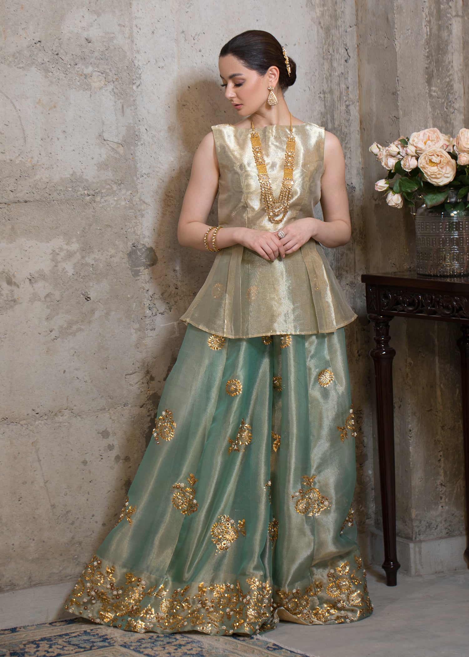 Pakistani Turquoise Gold Sequin Tissue Peplum with Sharara (2-Piece) - Image 3