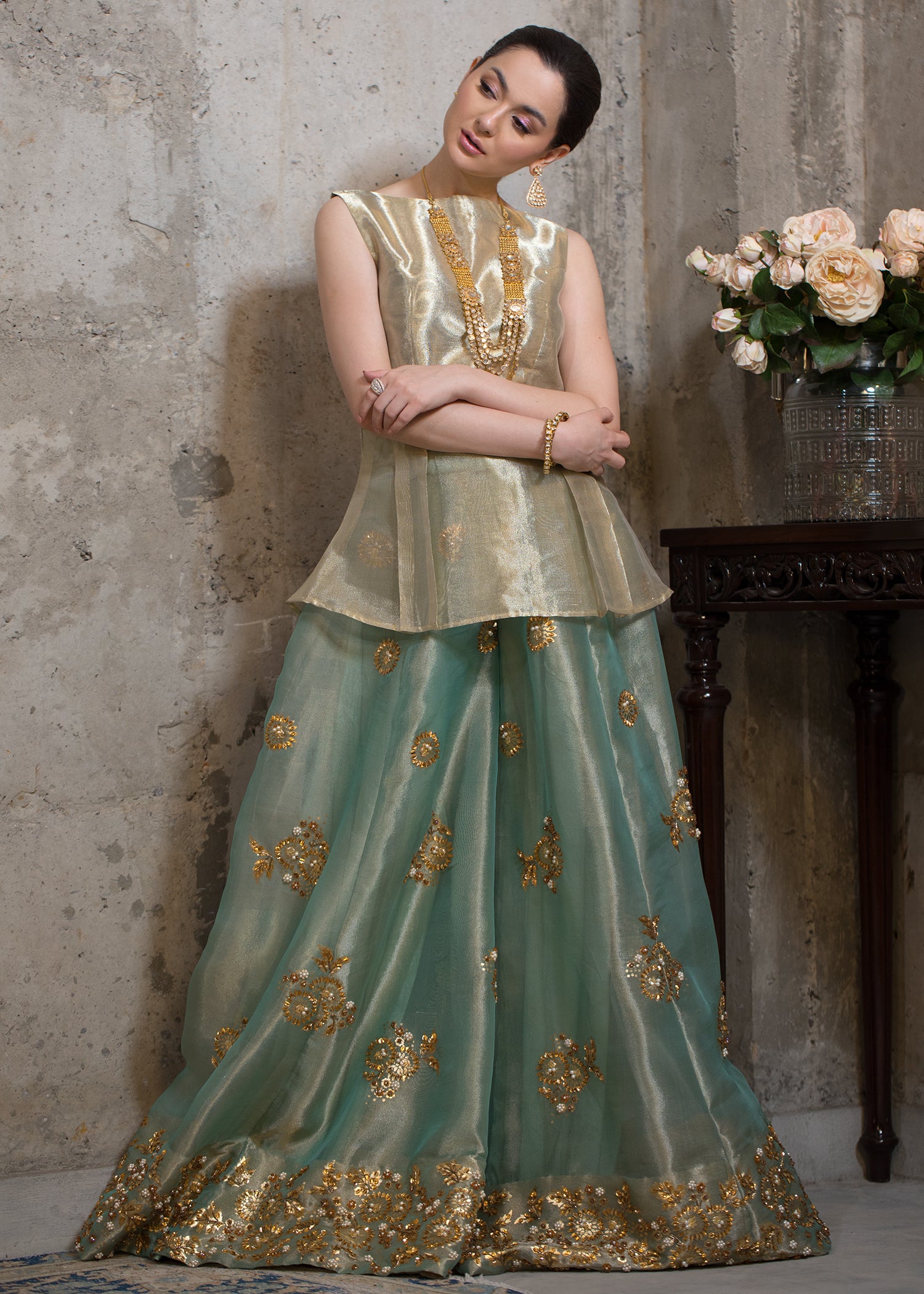 Pakistani Turquoise Gold Sequin Tissue Peplum with Sharara (2-Piece) - Image 4