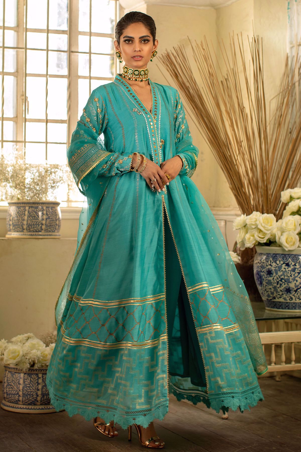 Pakistani Feroza Embellished Pure Khaadi Silk Pishwas (3-Piece) - Image 10