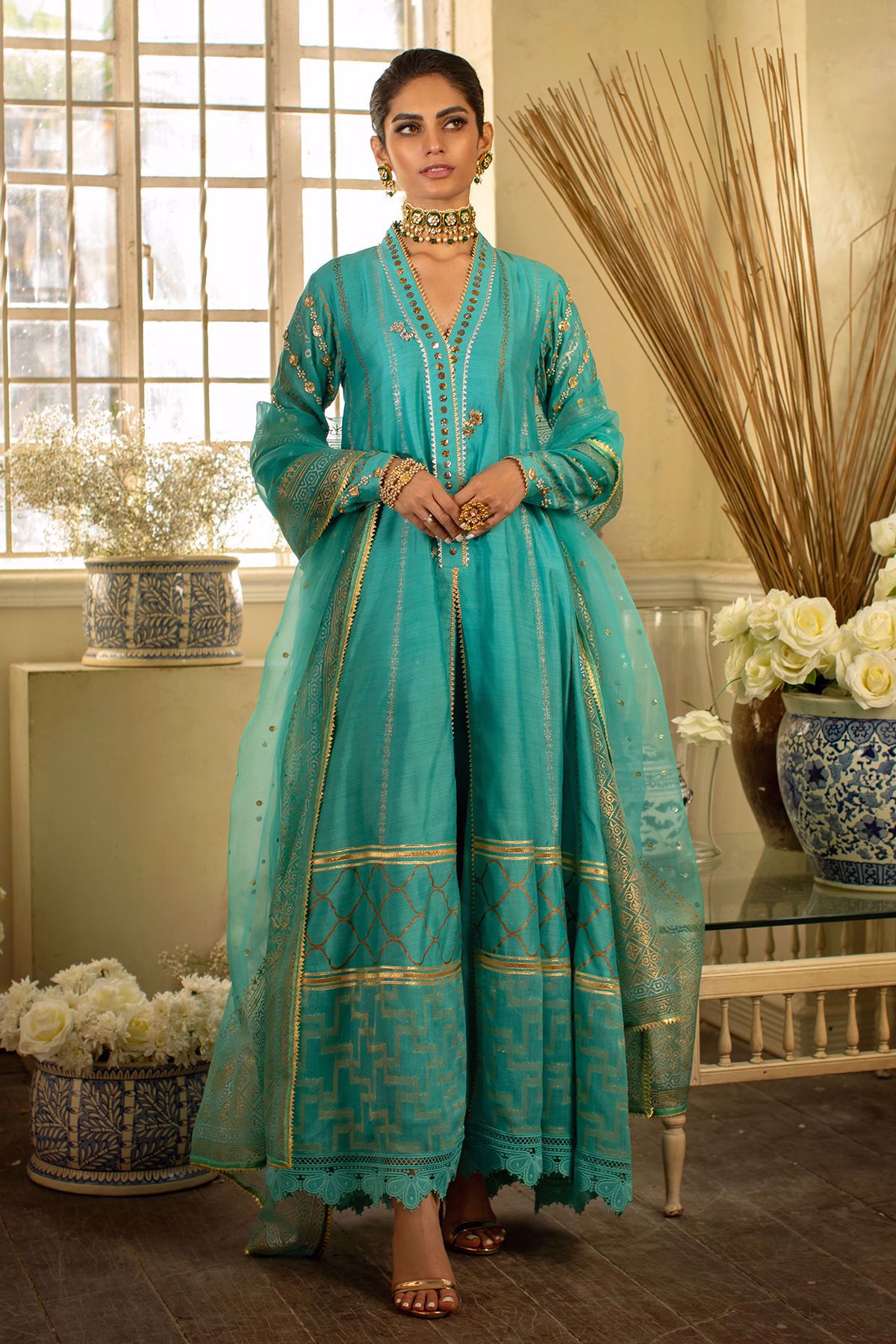 Pakistani Feroza Embellished Pure Khaadi Silk Pishwas (3-Piece) - Image 8