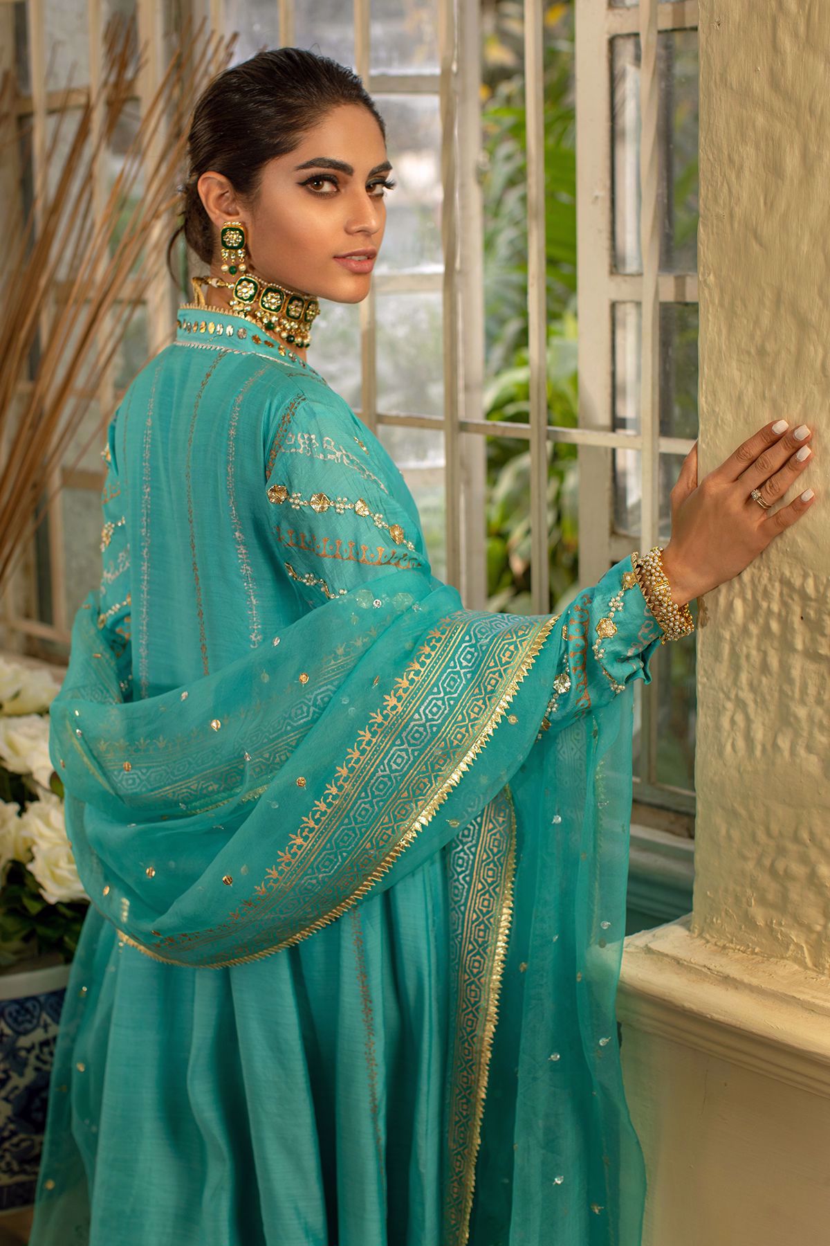 Pakistani Feroza Embellished Pure Khaadi Silk Pishwas (3-Piece) - Image 9