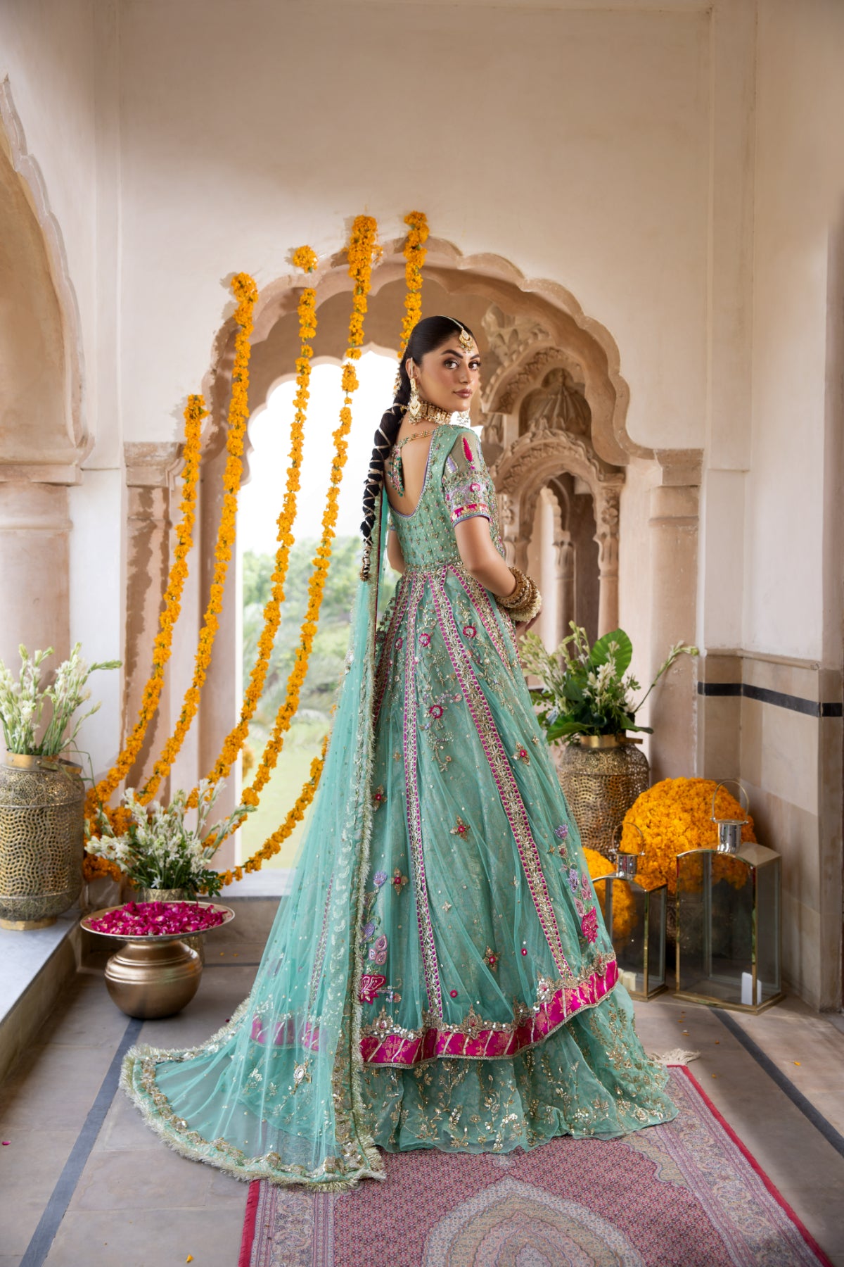 Pakistani Feroza Hand-Embellished Net Pishwas (3-Piece) - Image 11