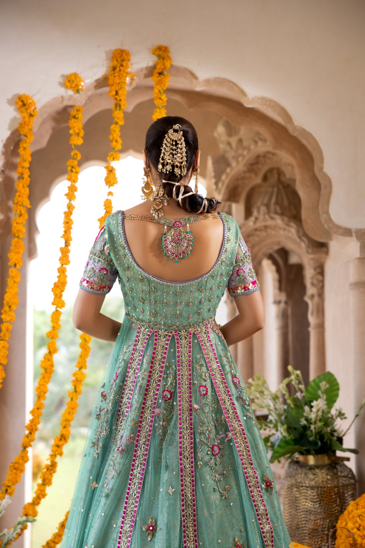 Pakistani Feroza Hand-Embellished Net Pishwas (3-Piece) - Image 4