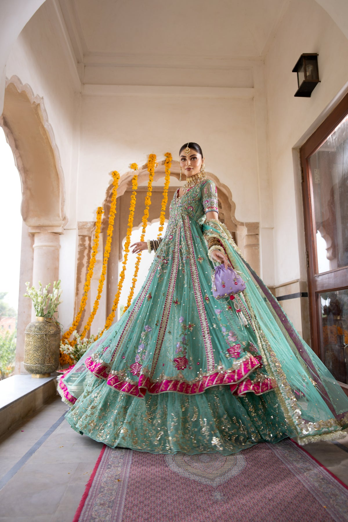 Pakistani Feroza Hand-Embellished Net Pishwas (3-Piece) - Image 6