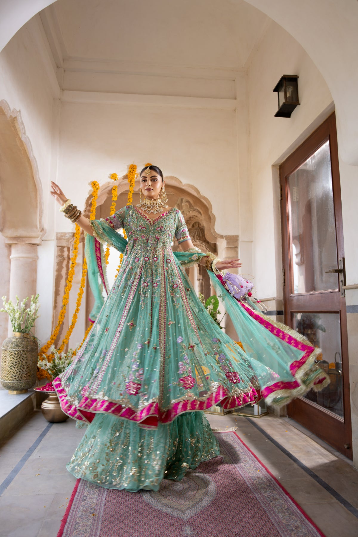 Pakistani Feroza Hand-Embellished Net Pishwas (3-Piece) - Image 7