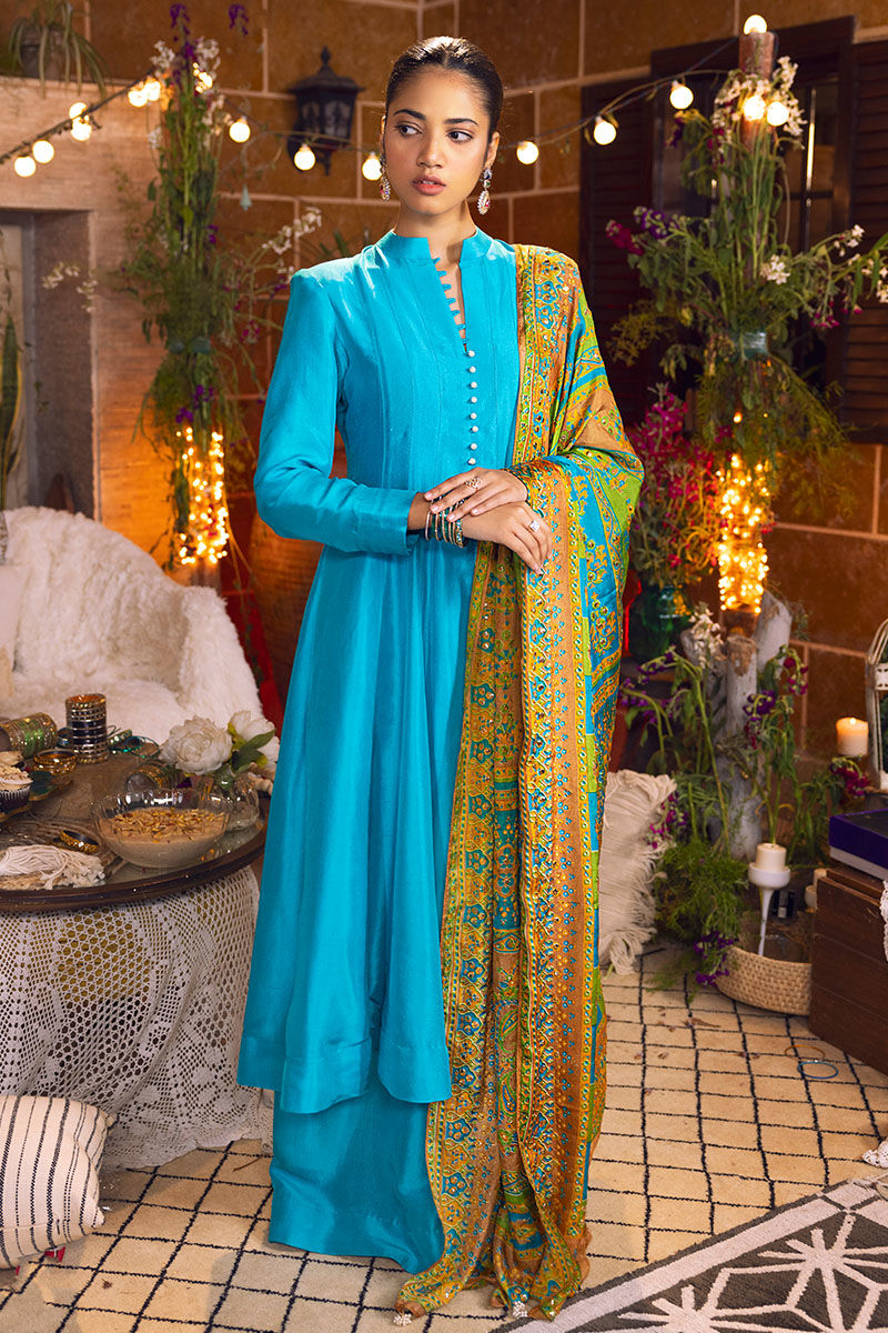 Pakistani Turquoise Kaamdani Pure Raw Silk Pishwas (3-Piece) - Image 1