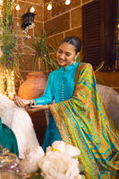 Pakistani Turquoise Kaamdani Pure Raw Silk Pishwas (3-Piece) - Image 8