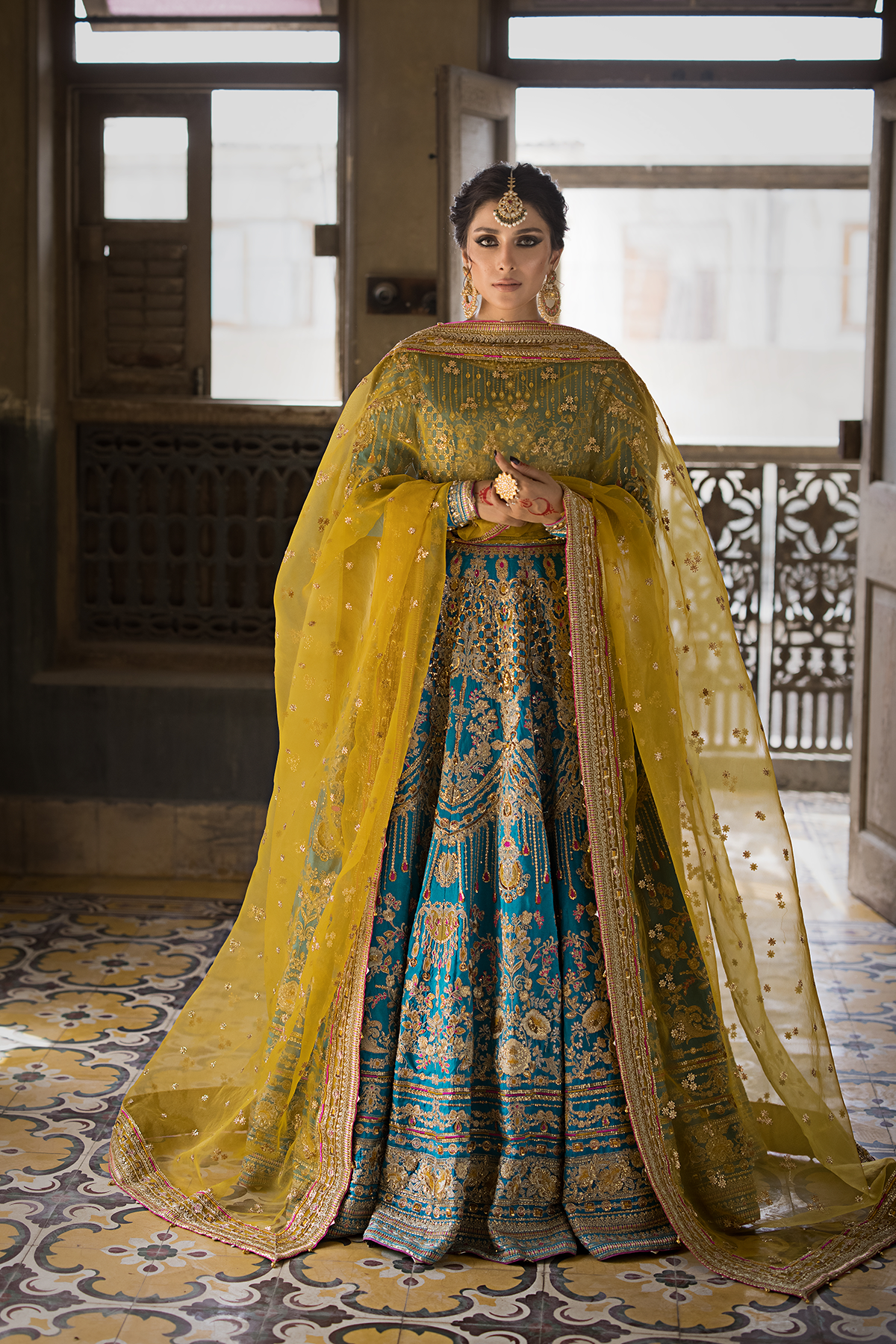 Pakistani Feroze & Mustard Embroidered Raw Silk Pishwas (3-Piece) - Image 1