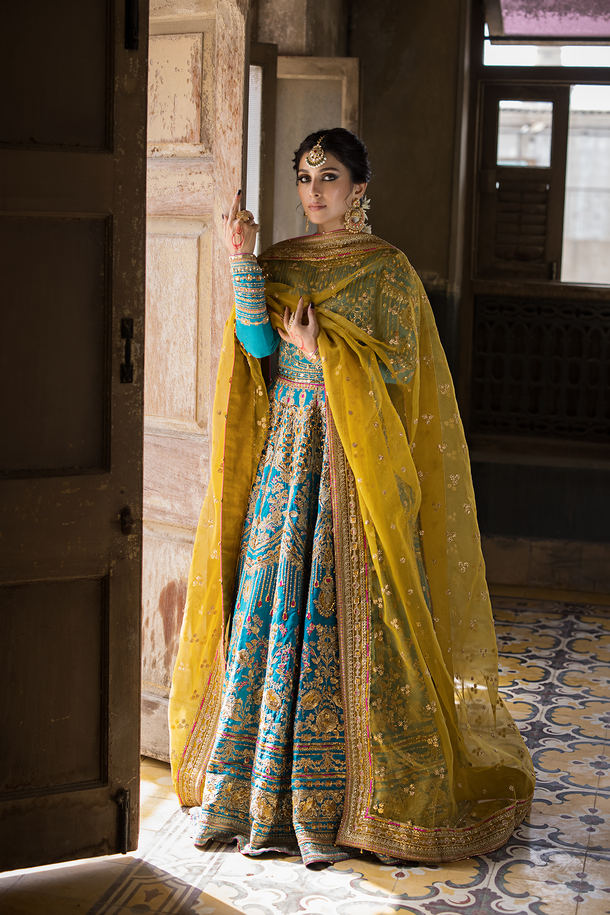 Pakistani Feroze & Mustard Embroidered Raw Silk Pishwas (3-Piece) - Image 4