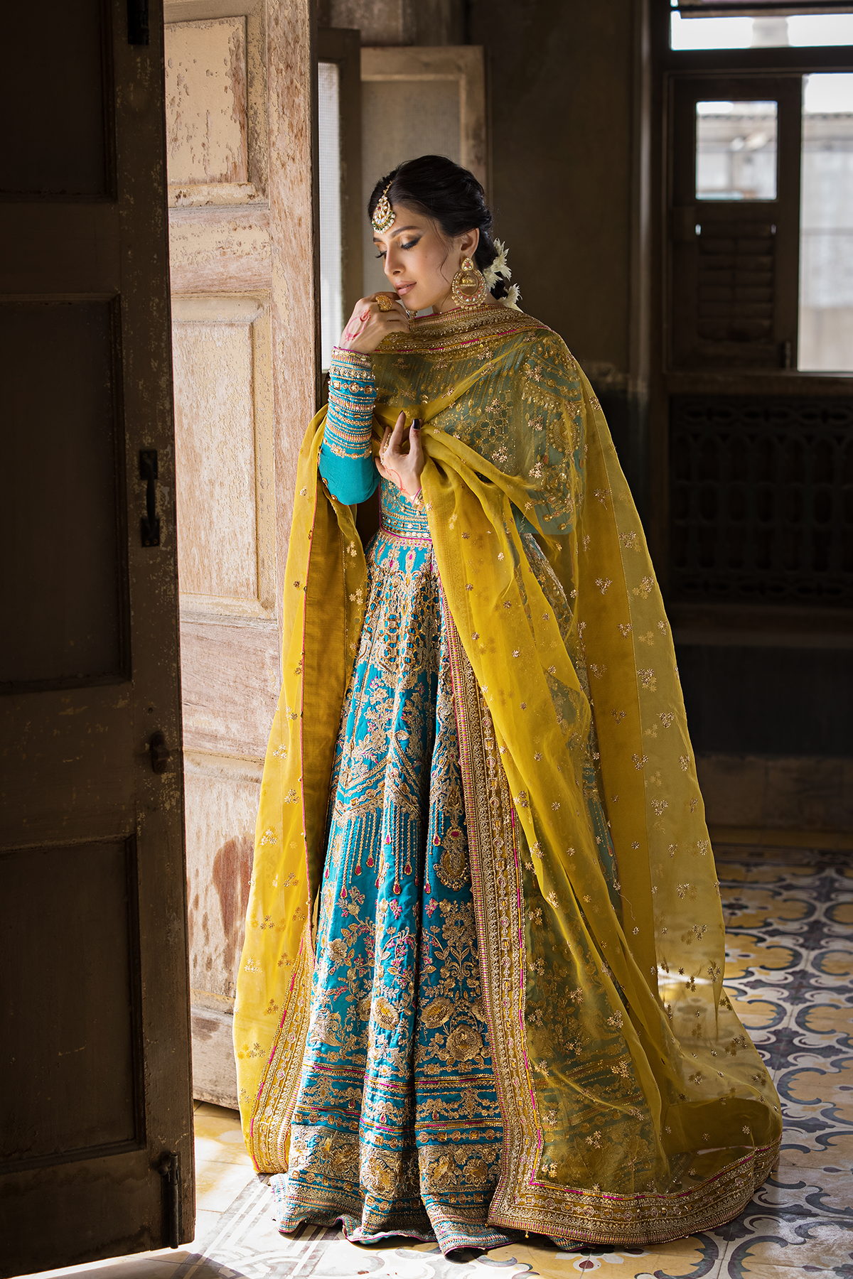 Pakistani Feroze & Mustard Embroidered Raw Silk Pishwas (3-Piece) - Image 5