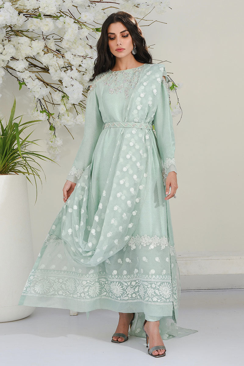 Pakistani Soft Turquoise Hand-Embroidered Silk-Blend Pishwas (2-Piece) - Image 1