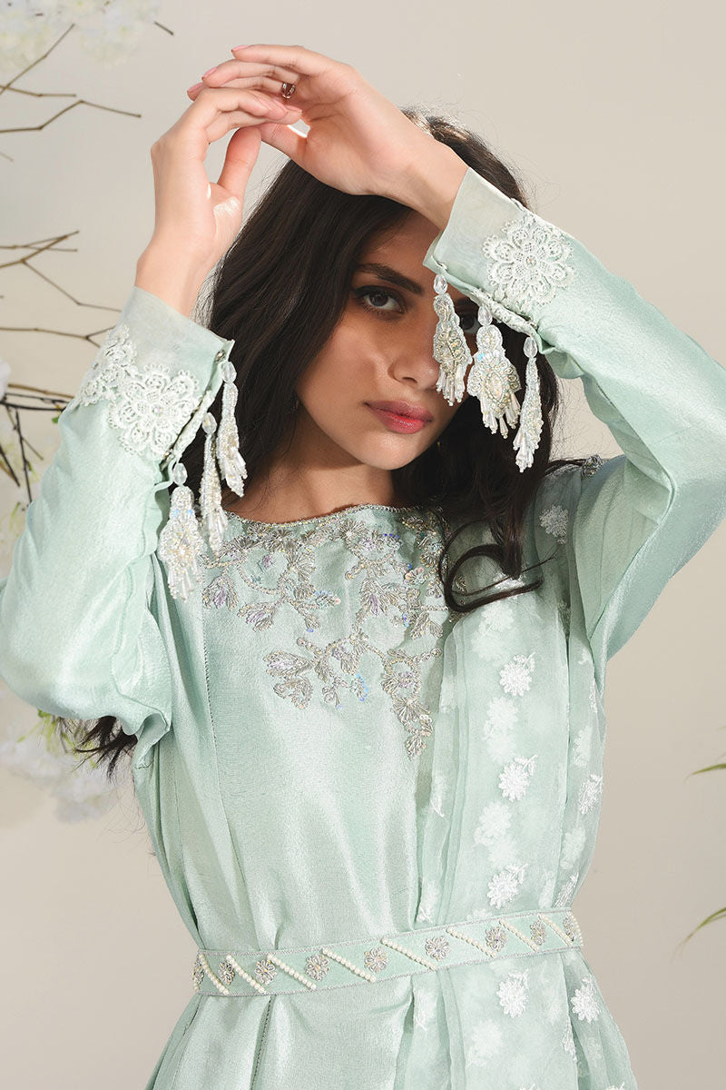 Pakistani Soft Turquoise Hand-Embroidered Silk-Blend Pishwas (2-Piece) - Image 2