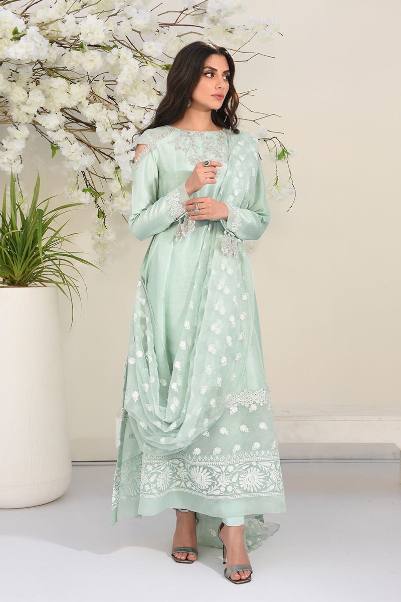 Pakistani Soft Turquoise Hand-Embroidered Silk-Blend Pishwas (2-Piece) - Image 4