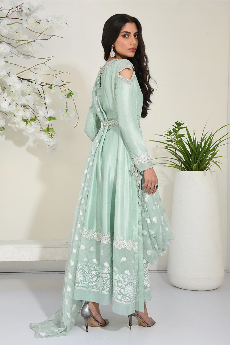 Pakistani Soft Turquoise Hand-Embroidered Silk-Blend Pishwas (2-Piece) - Image 5