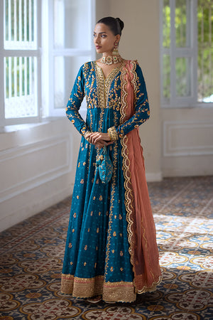 Turquoise Embroidered Silk Net Pishwas Dress (3-Piece) - Image 1