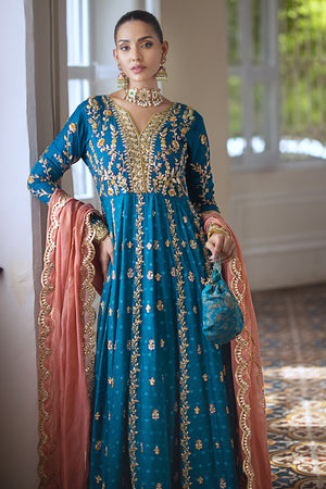 Turquoise Embroidered Silk Net Pishwas Dress (3-Piece) - Image 2