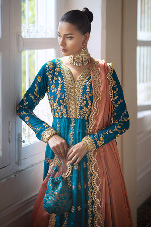 Turquoise Embroidered Silk Net Pishwas Dress (3-Piece) - Image 3