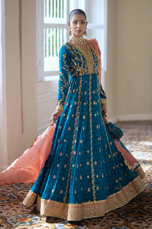 Turquoise Embroidered Silk Net Pishwas Dress (3-Piece) - Image 4