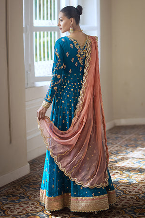 Turquoise Embroidered Silk Net Pishwas Dress (3-Piece) - Image 5
