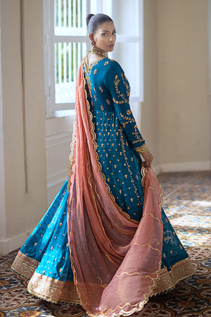 Turquoise Embroidered Silk Net Pishwas Dress (3-Piece) - Image 6