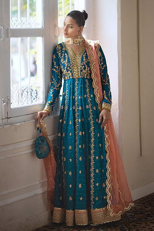Turquoise Embroidered Silk Net Pishwas Dress (3-Piece) - Image 7