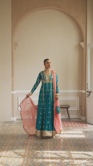 Turquoise Embroidered Silk Net Pishwas Dress (3-Piece) - Image 8